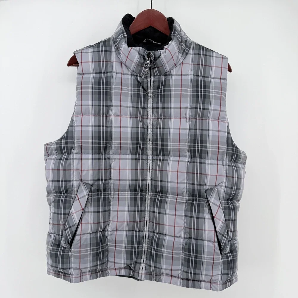 Eddie Bauer Large WeatherEdge Goose Down Puffer Vest Gray Plaid Tartan Outfitter